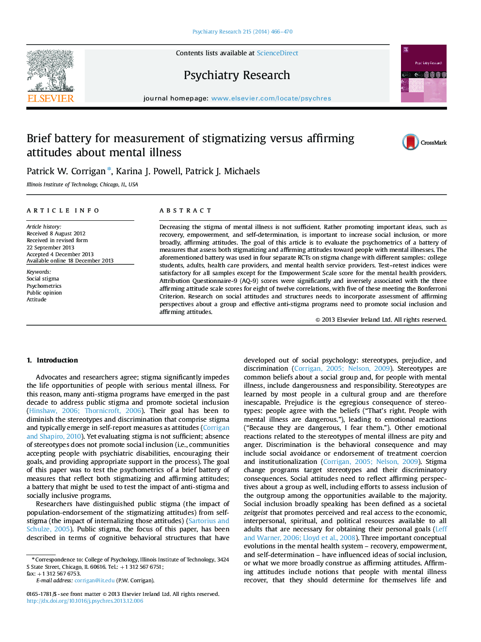 Brief battery for measurement of stigmatizing versus affirming attitudes about mental illness