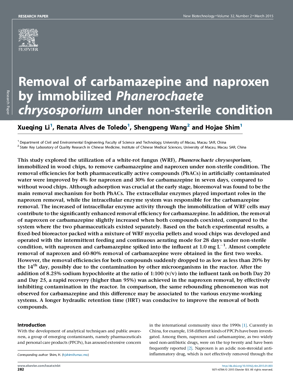 عکس صفحه اول مقاله: Removal of carbamazepine and naproxen by immobilized Phanerochaete chrysosporium under non-sterile condition Removal of carbamazepine and naproxen by immobilized Phanerochaete chrysosporium under non-sterile condition