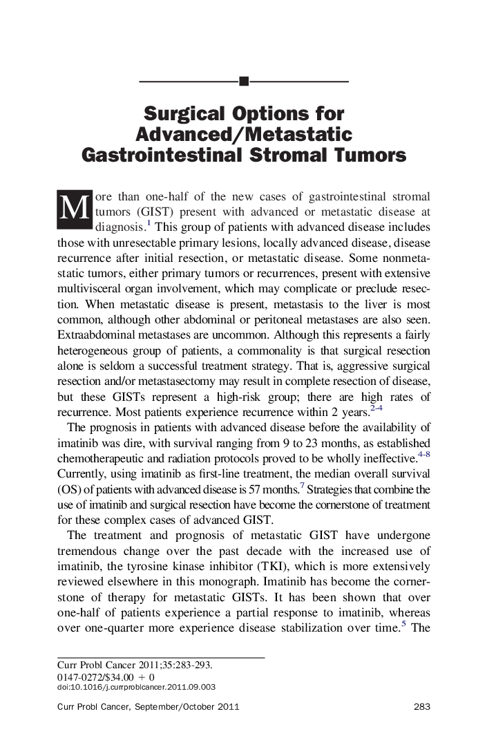 Surgical Options for Advanced/Metastatic Gastrointestinal Stromal Tumors