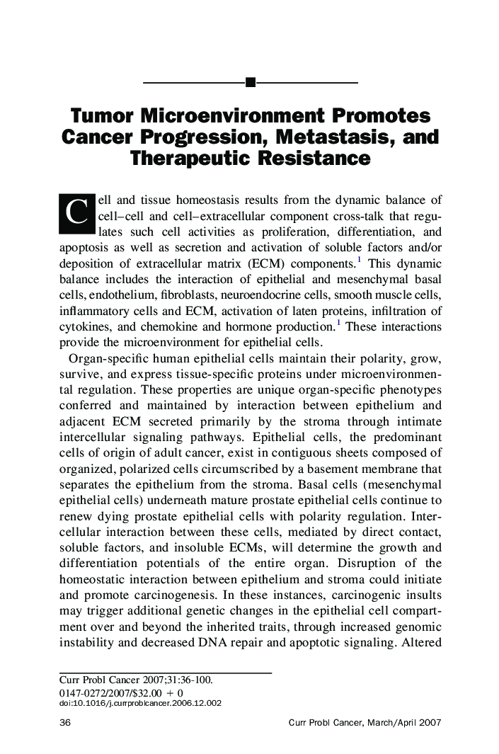 Tumor Microenvironment Promotes Cancer Progression, Metastasis, and Therapeutic Resistance