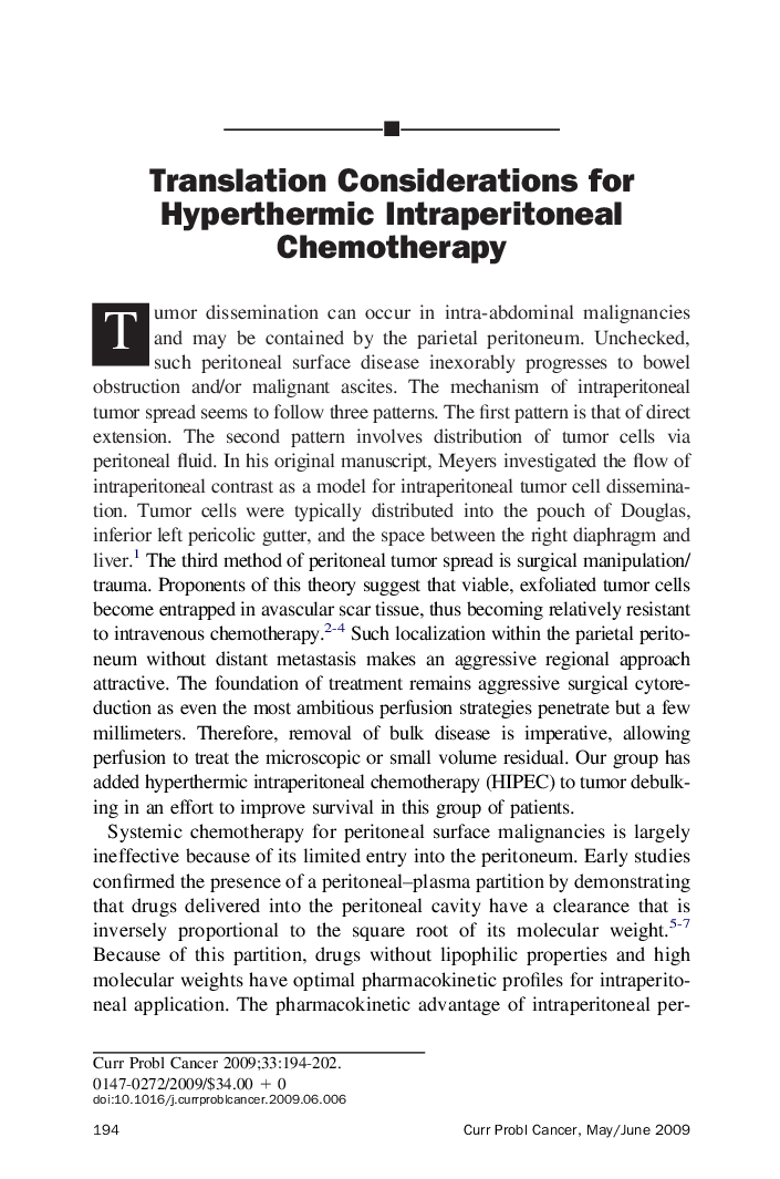 Translation Considerations for Hyperthermic Intraperitoneal Chemotherapy