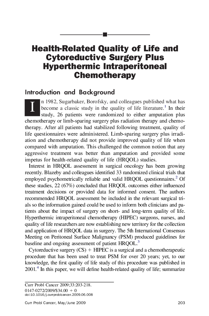 Health-Related Quality of Life and Cytoreductive Surgery Plus Hyperthermic Intraperitoneal Chemotherapy