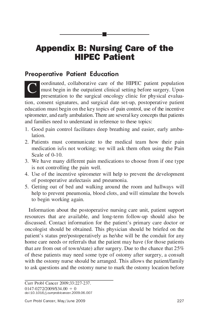 Appendix B: Nursing Care of the HIPEC Patient