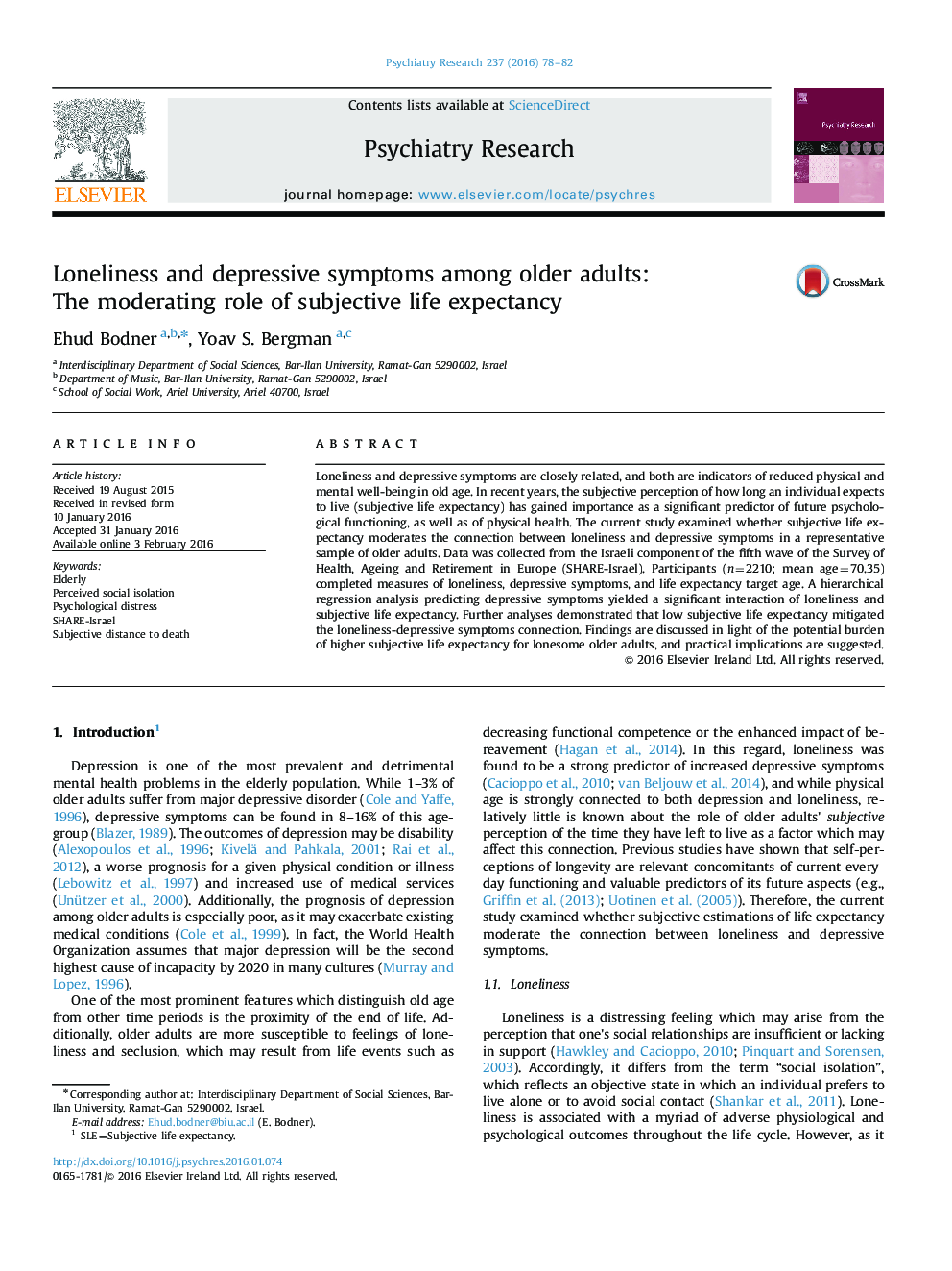 Loneliness and depressive symptoms among older adults: The moderating role of subjective life expectancy