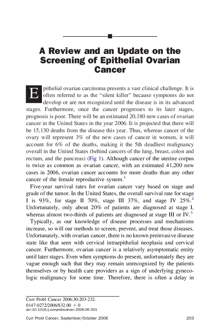 A Review and an Update on the Screening of Epithelial Ovarian Cancer