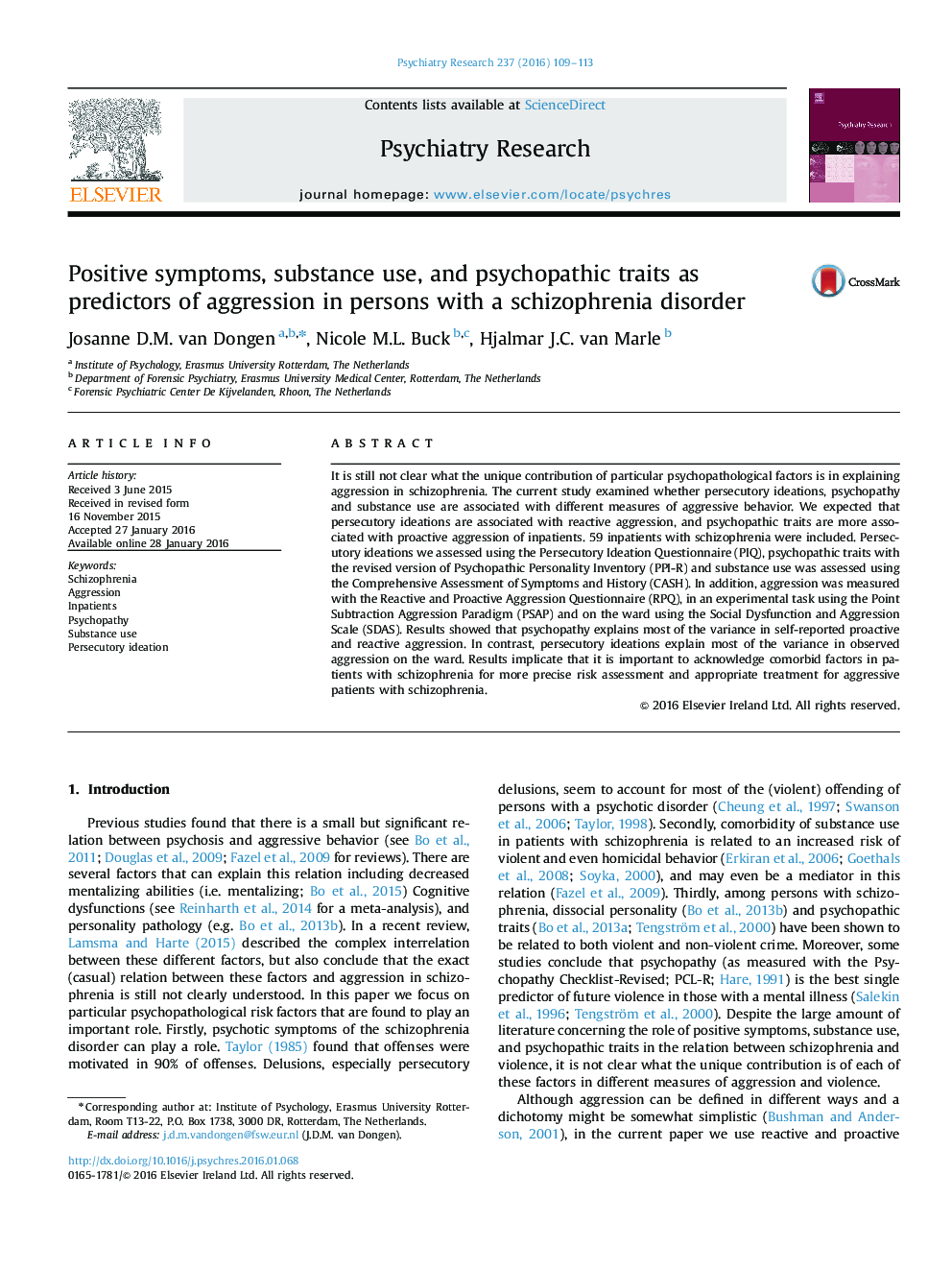 Positive symptoms, substance use, and psychopathic traits as predictors of aggression in persons with a schizophrenia disorder