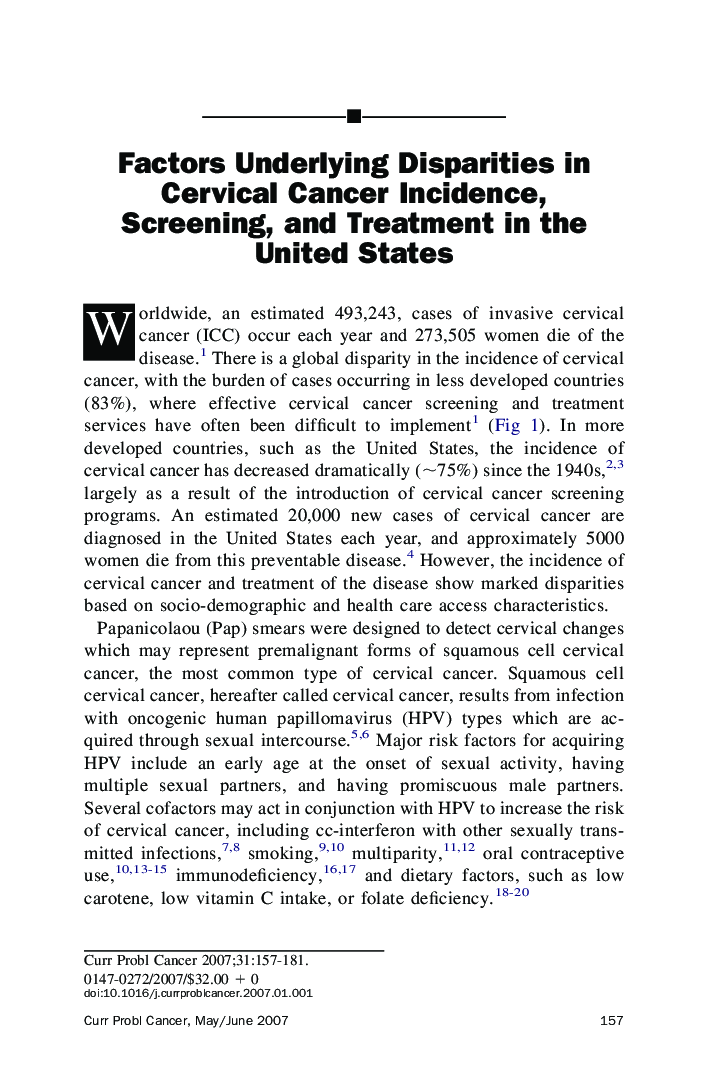 Factors Underlying Disparities in Cervical Cancer Incidence, Screening, and Treatment in the United States