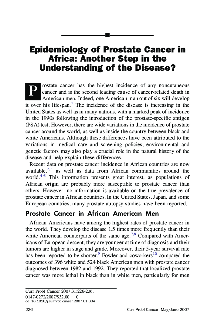 Epidemiology of Prostate Cancer in Africa: Another Step in the Understanding of the Disease?