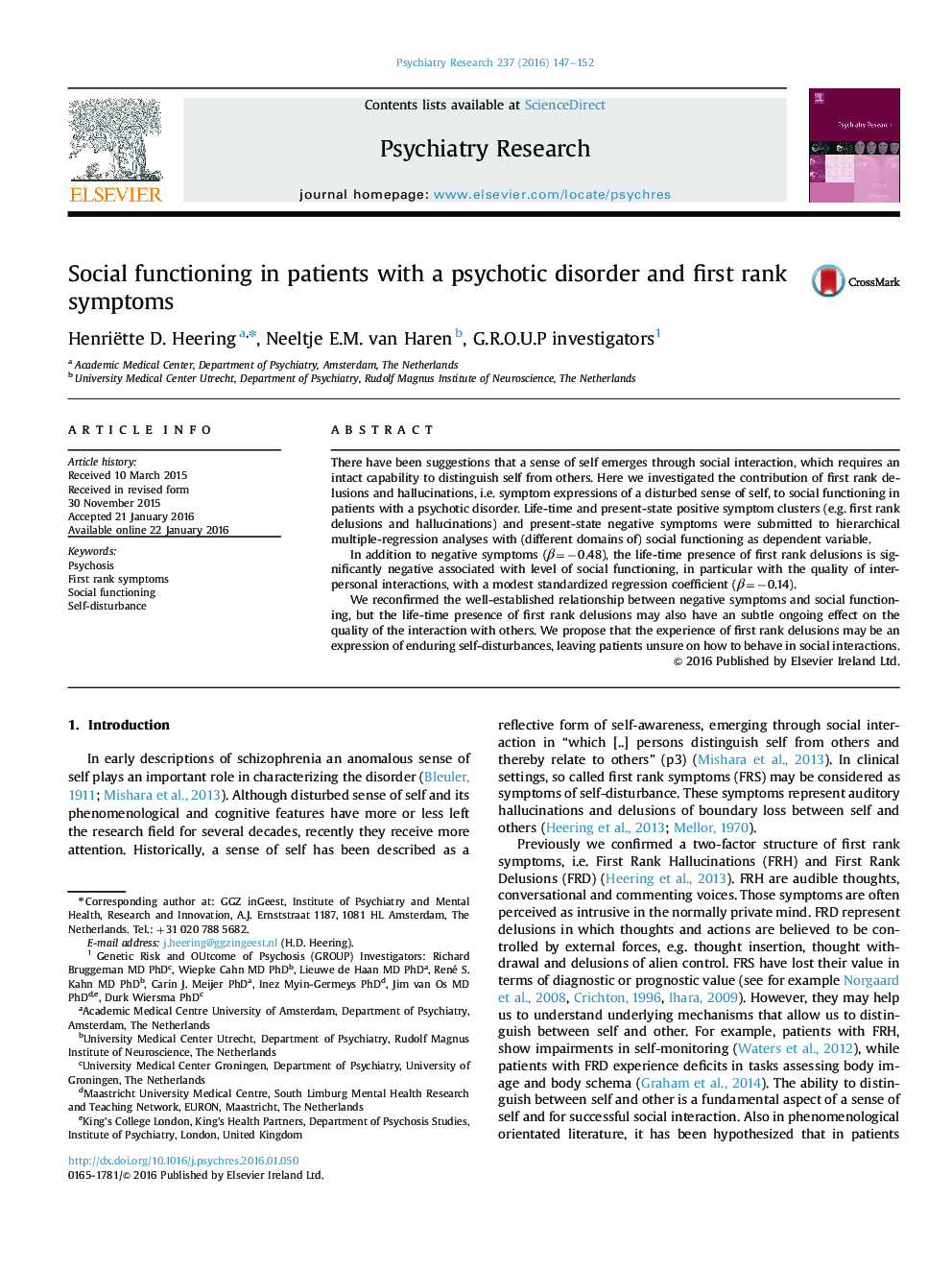 Social functioning in patients with a psychotic disorder and first rank symptoms