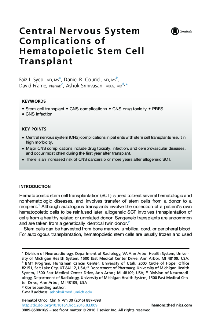 Central Nervous System Complications of Hematopoietic Stem Cell Transplant