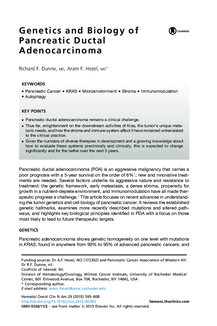 Genetics and Biology of Pancreatic Ductal Adenocarcinoma