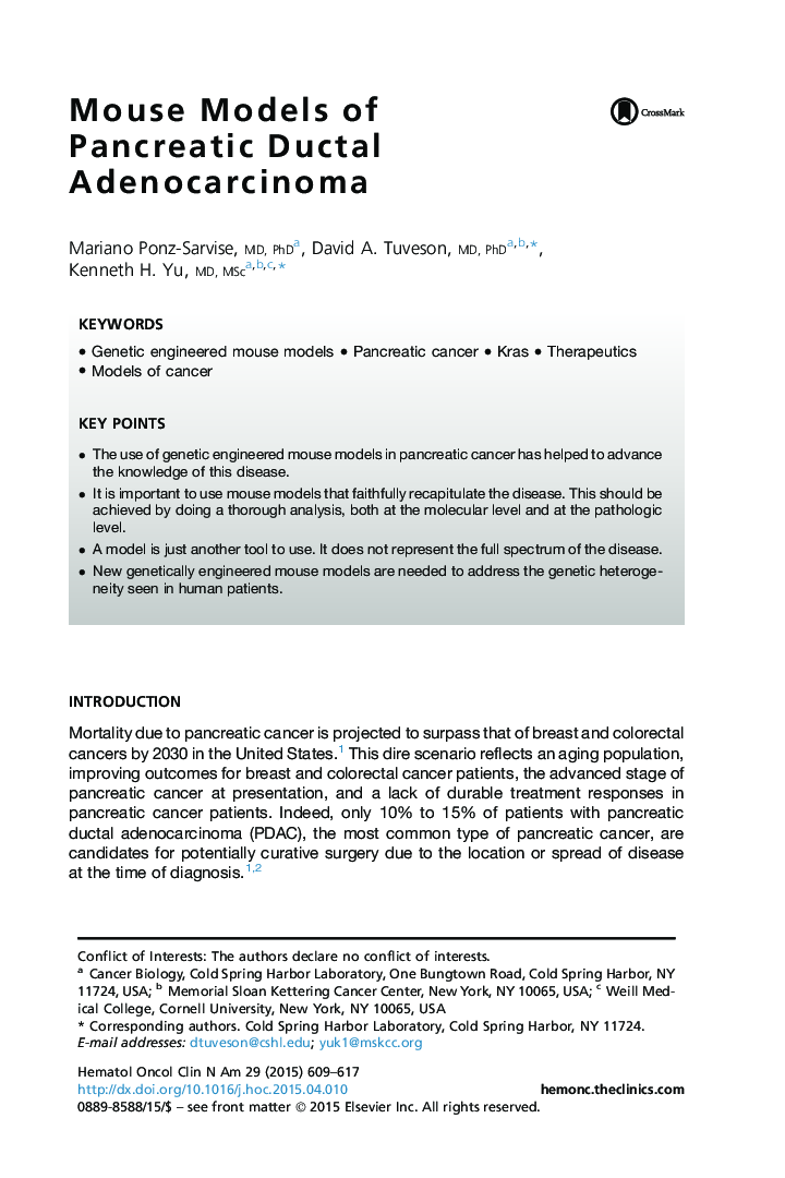 Mouse Models of Pancreatic Ductal Adenocarcinoma