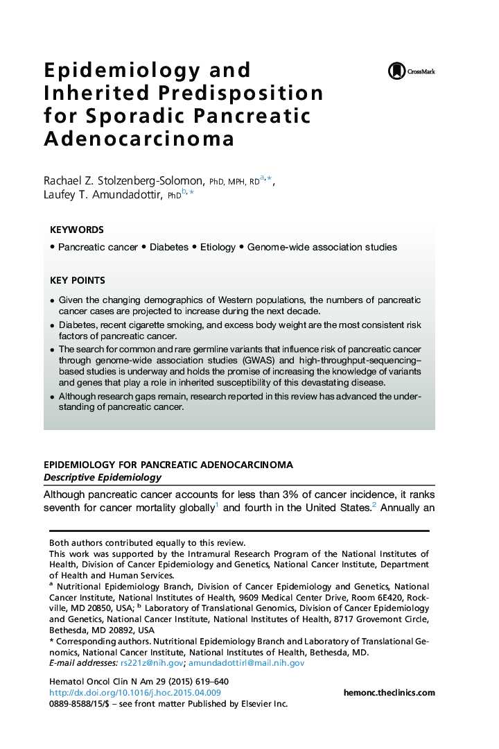 Epidemiology and Inherited Predisposition for Sporadic Pancreatic Adenocarcinoma