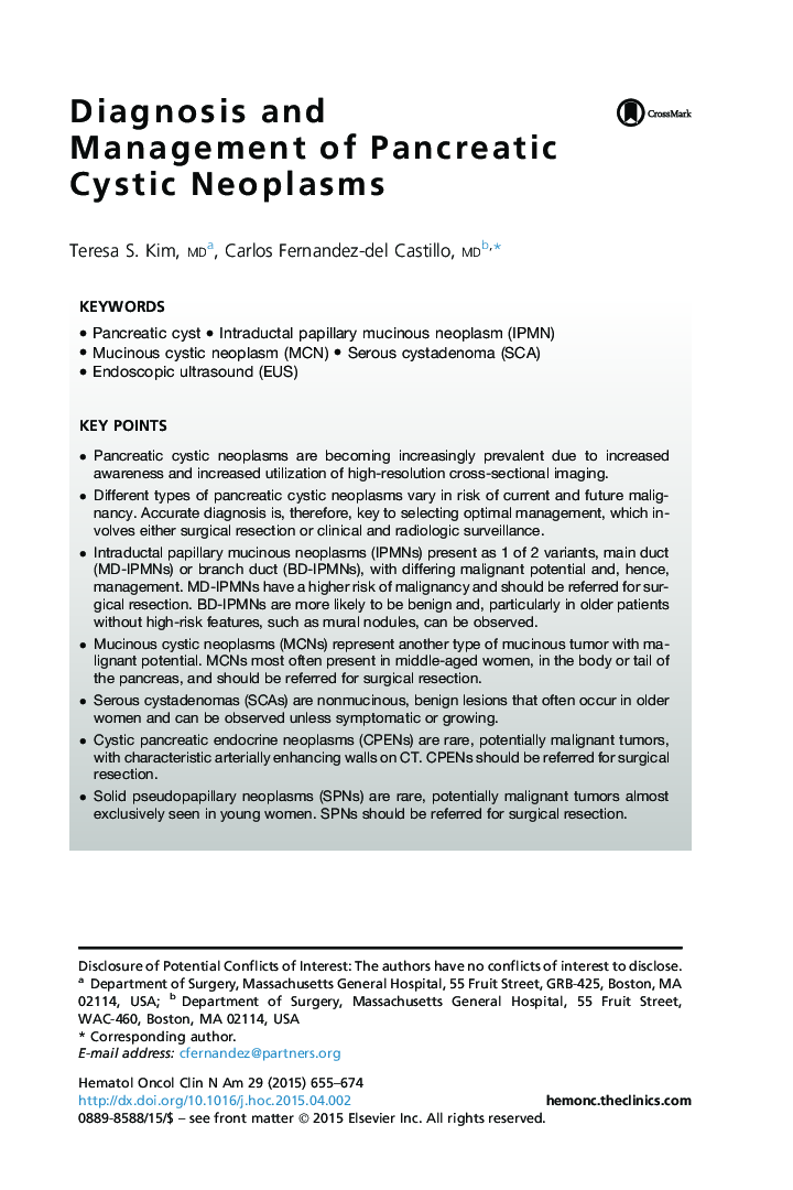 Diagnosis and Management of Pancreatic Cystic Neoplasms