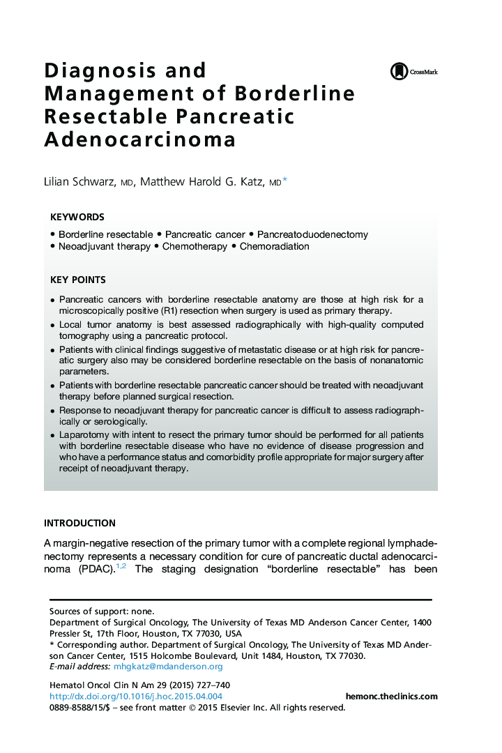 Diagnosis and Management of Borderline Resectable Pancreatic Adenocarcinoma