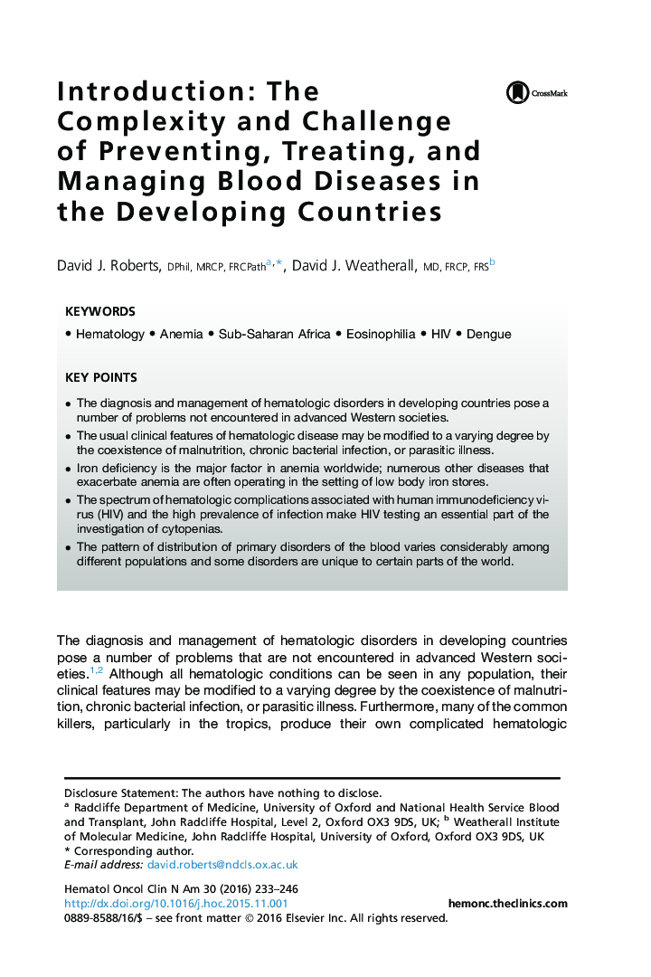 Introduction: The Complexity and Challenge of Preventing, Treating, and Managing Blood Diseases in theÂ Developing Countries