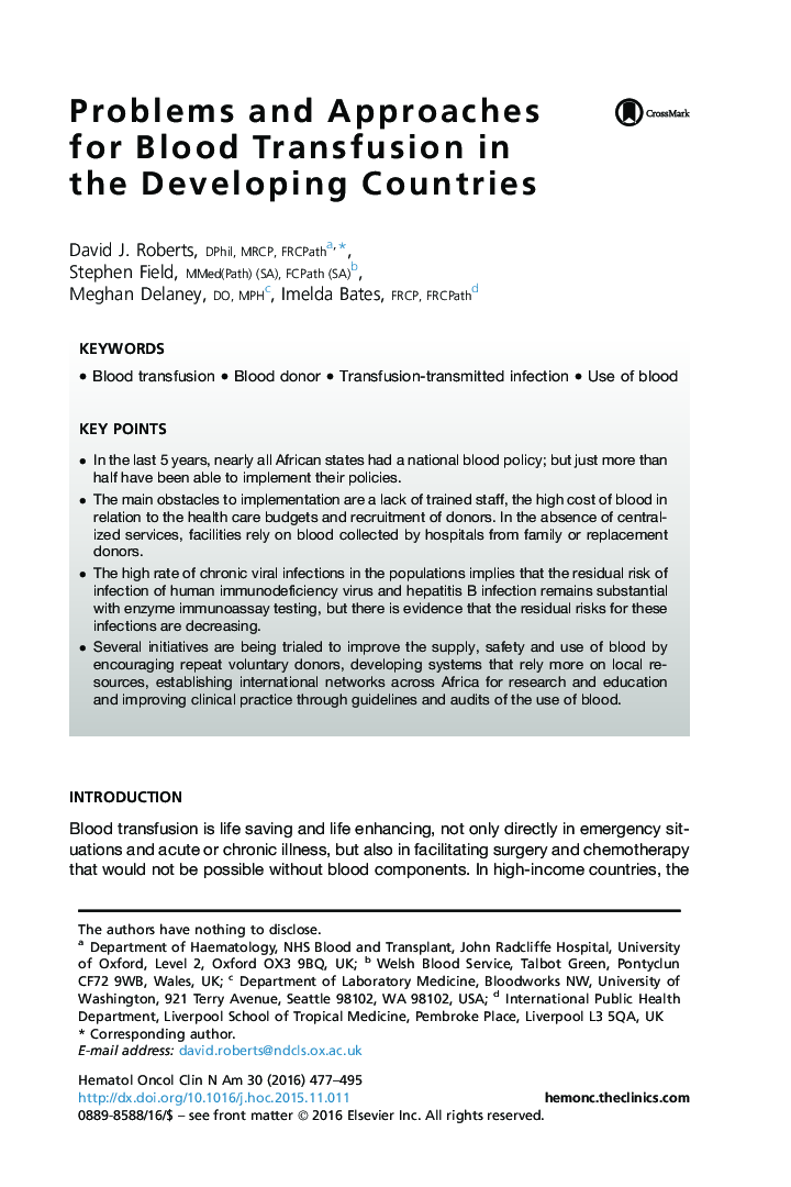 Problems and Approaches for Blood Transfusion in the Developing Countries