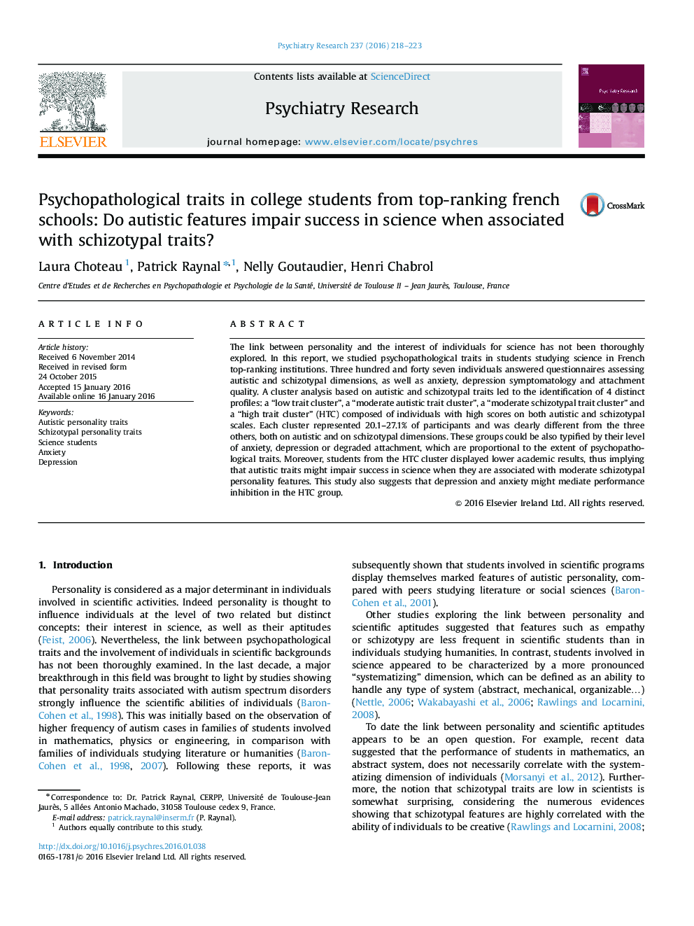 Psychopathological traits in college students from top-ranking french schools: Do autistic features impair success in science when associated with schizotypal traits?