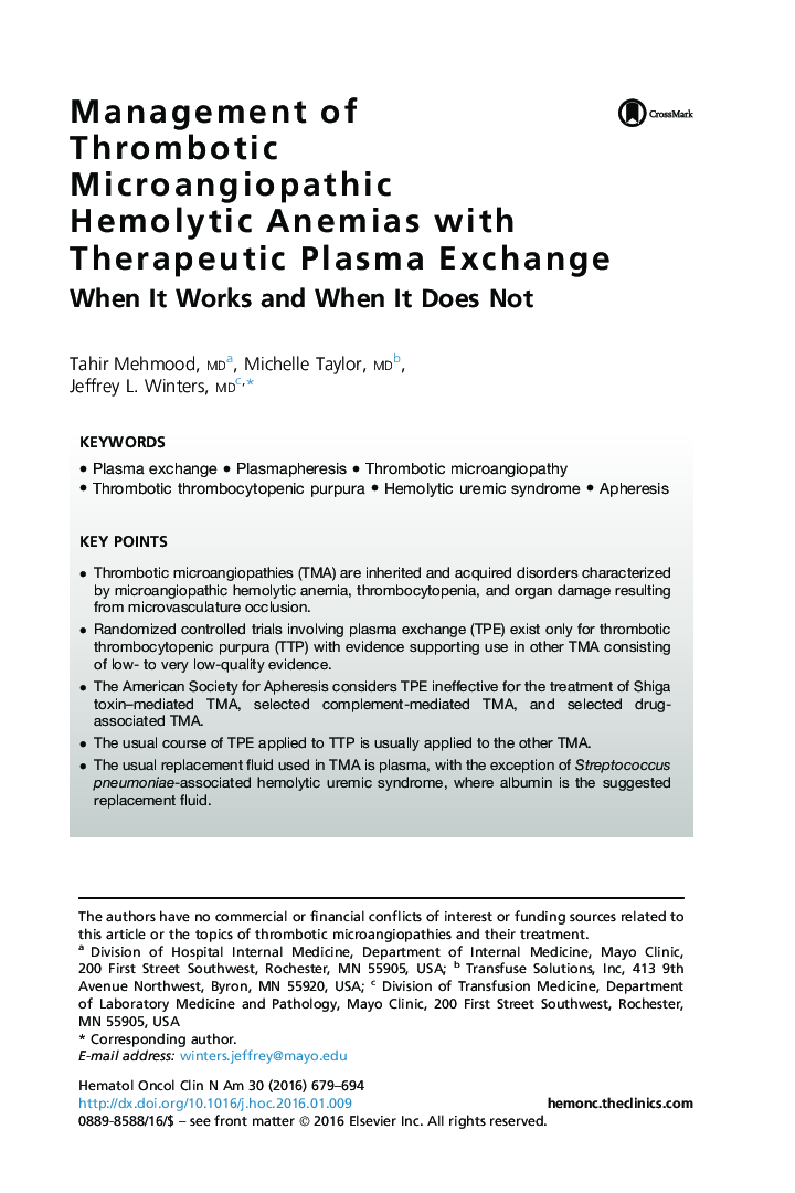 Management of Thrombotic Microangiopathic Hemolytic Anemias with Therapeutic Plasma Exchange