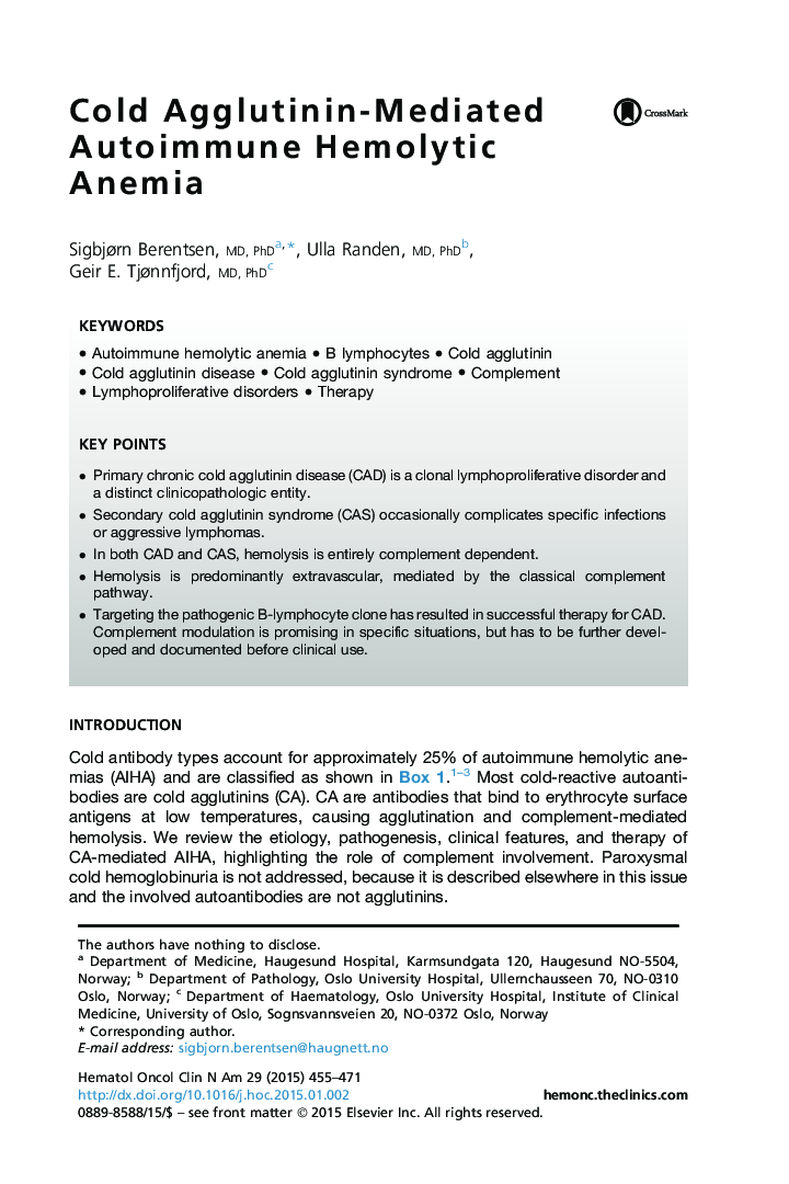 Cold Agglutinin-Mediated Autoimmune Hemolytic Anemia