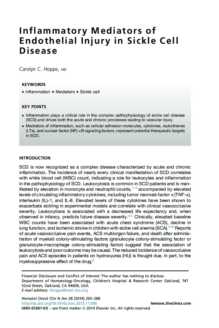 Inflammatory Mediators of Endothelial Injury in Sickle Cell Disease