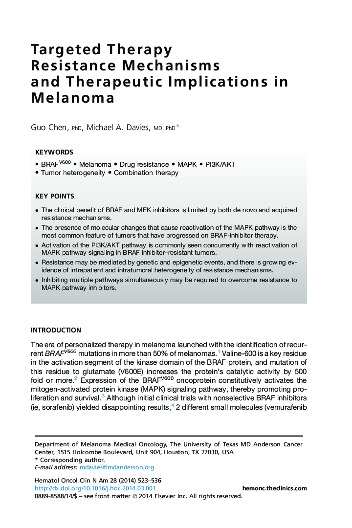 Targeted Therapy Resistance Mechanisms and Therapeutic Implications in Melanoma