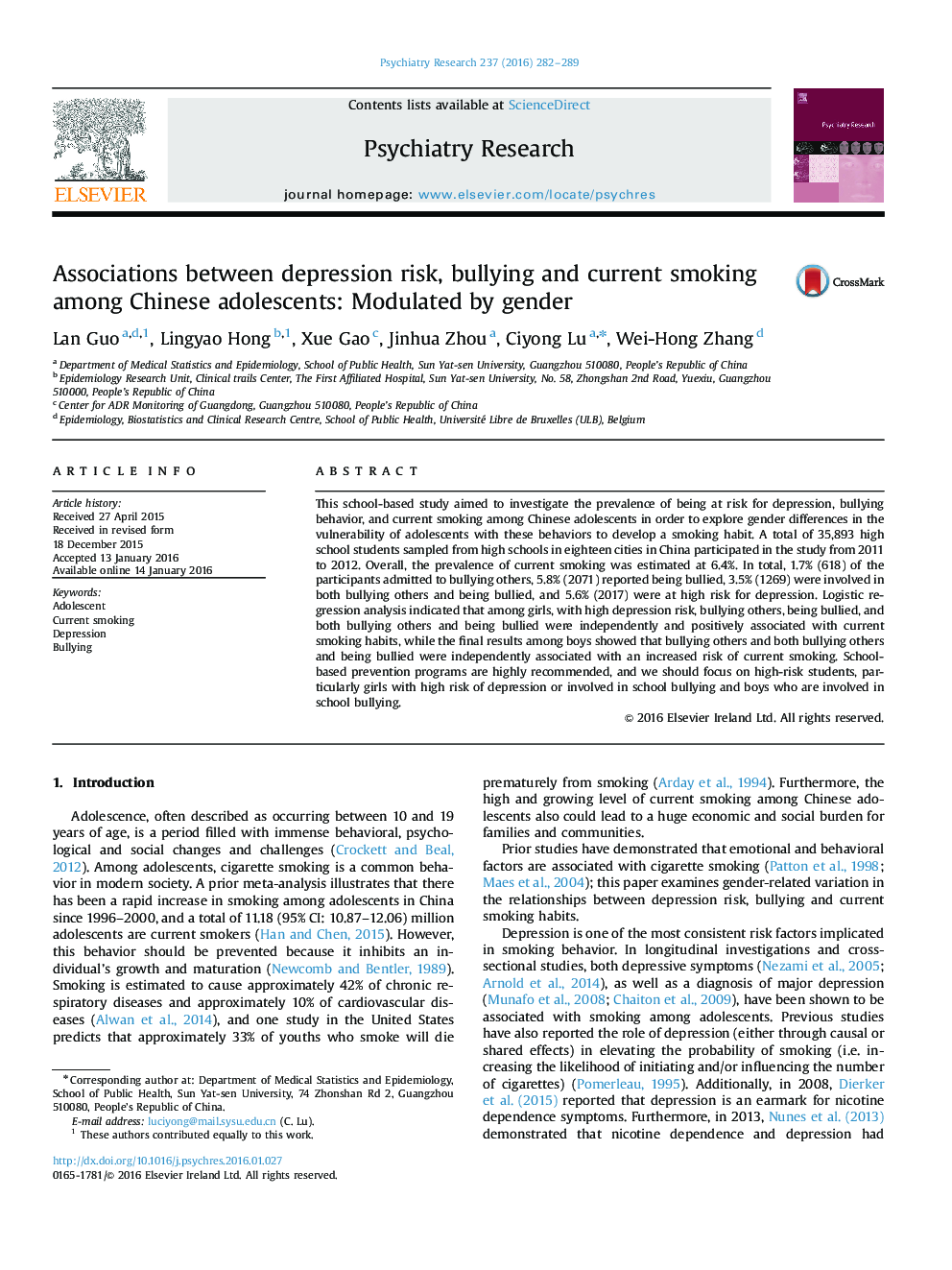 Associations between depression risk, bullying and current smoking among Chinese adolescents: Modulated by gender