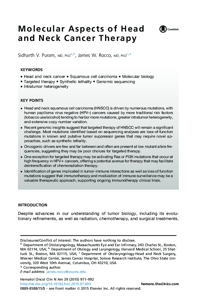 Molecular Aspects of Head and Neck Cancer Therapy