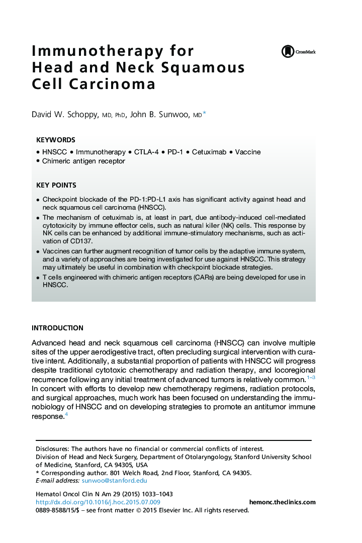 Immunotherapy for Head and Neck Squamous Cell Carcinoma