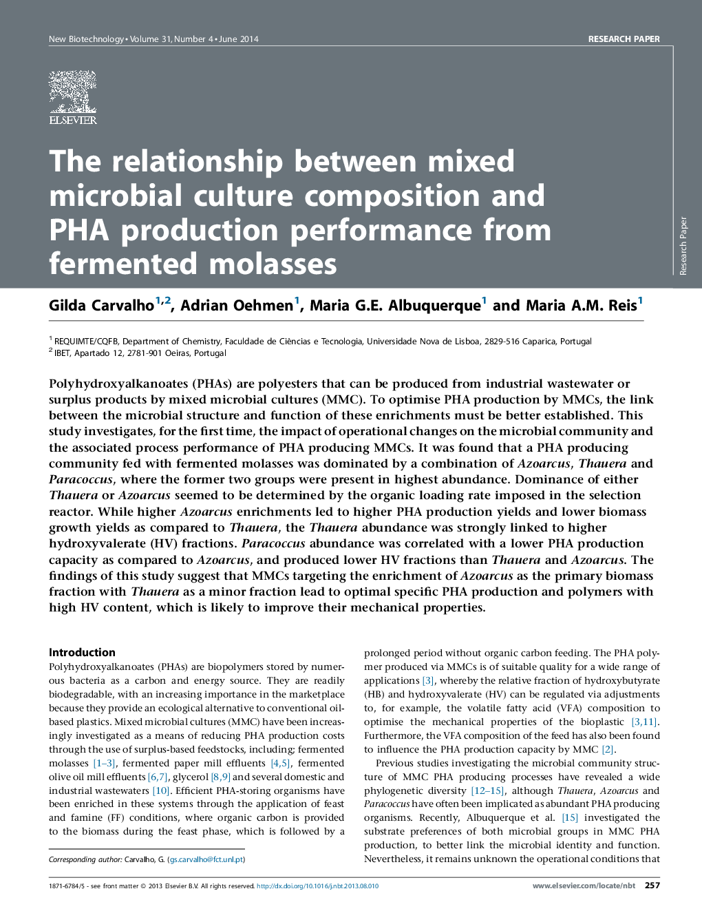 The relationship between mixed microbial culture composition and PHA production performance from fermented molasses