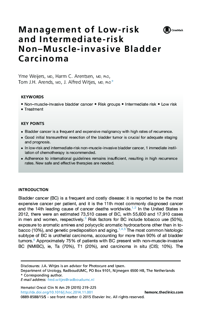 Management of Low-risk and Intermediate-risk Non-Muscle-invasive Bladder Carcinoma