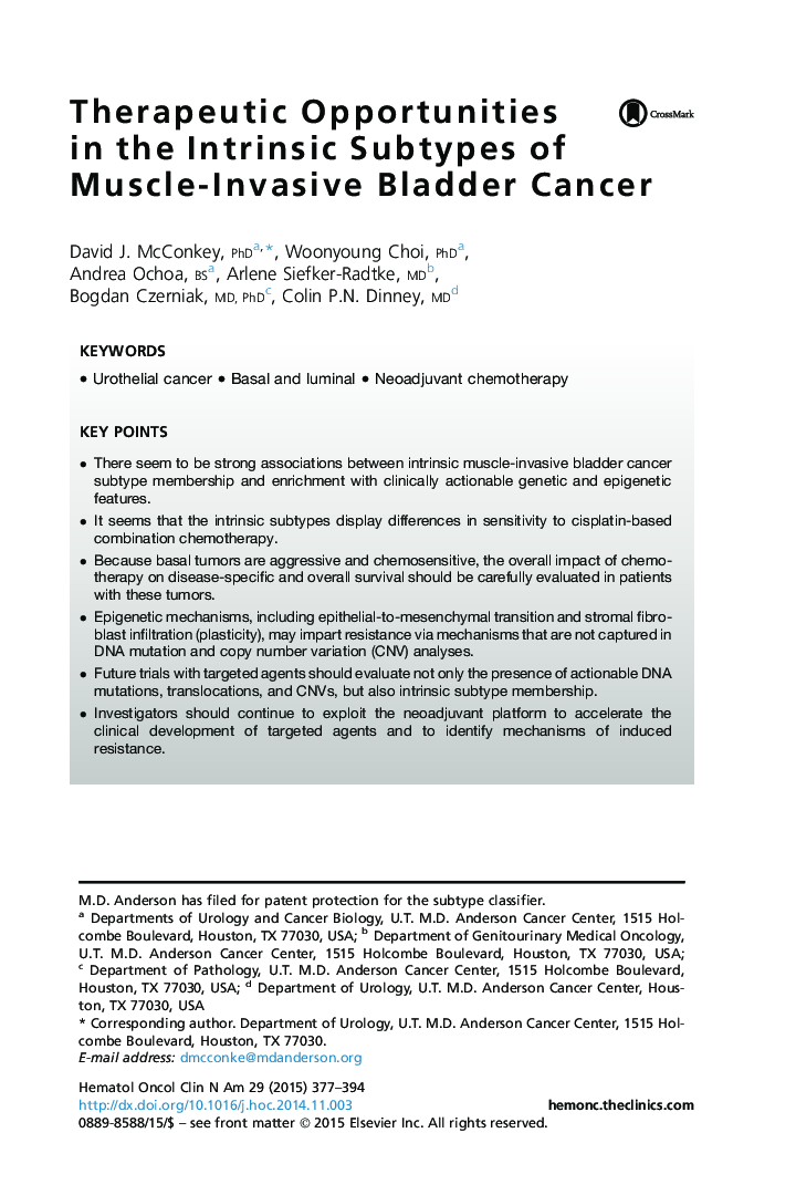 Therapeutic Opportunities in the Intrinsic Subtypes of Muscle-Invasive Bladder Cancer