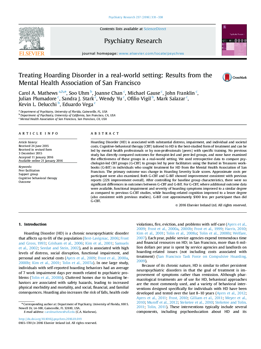 Treating Hoarding Disorder in a real-world setting: Results from the Mental Health Association of San Francisco