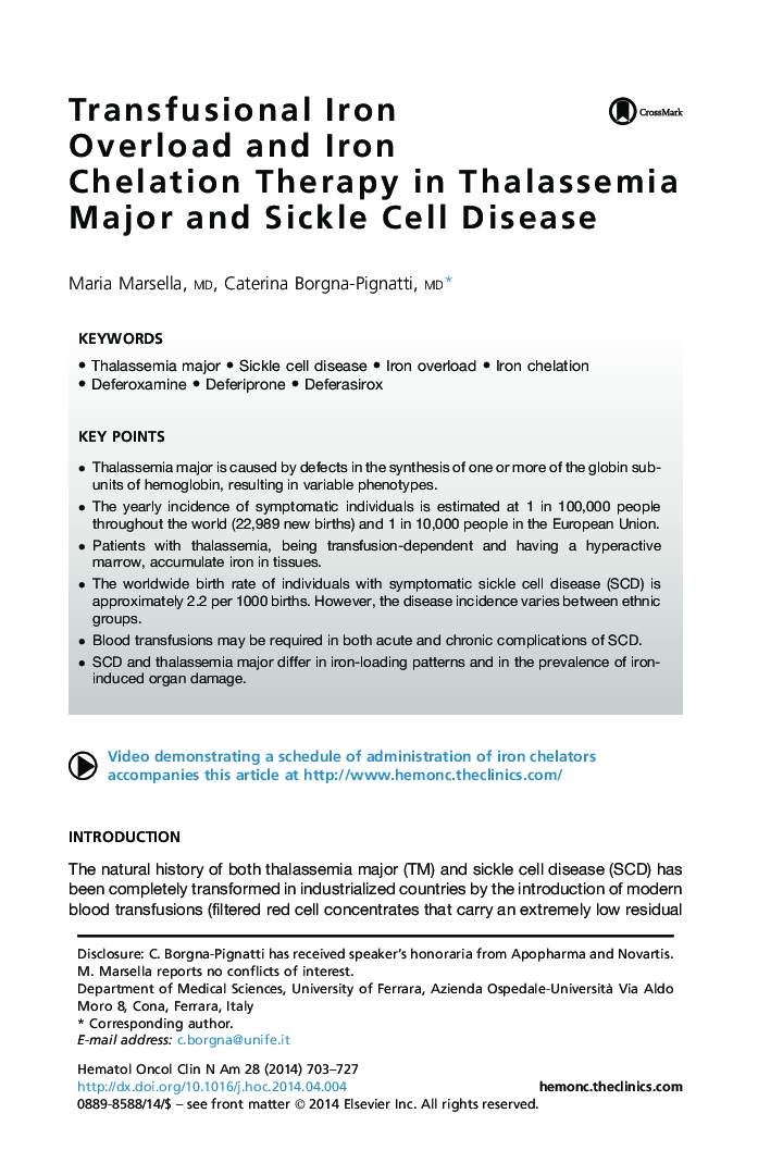 Transfusional Iron Overload and Iron Chelation Therapy in Thalassemia Major and Sickle Cell Disease