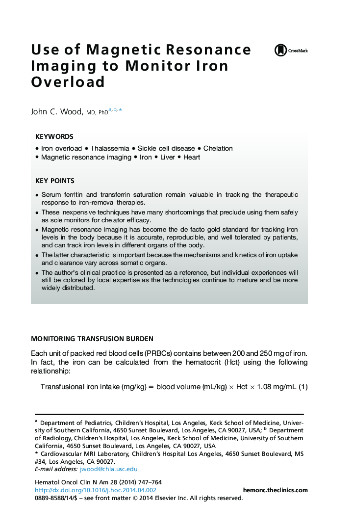 Use of Magnetic Resonance Imaging to Monitor Iron Overload