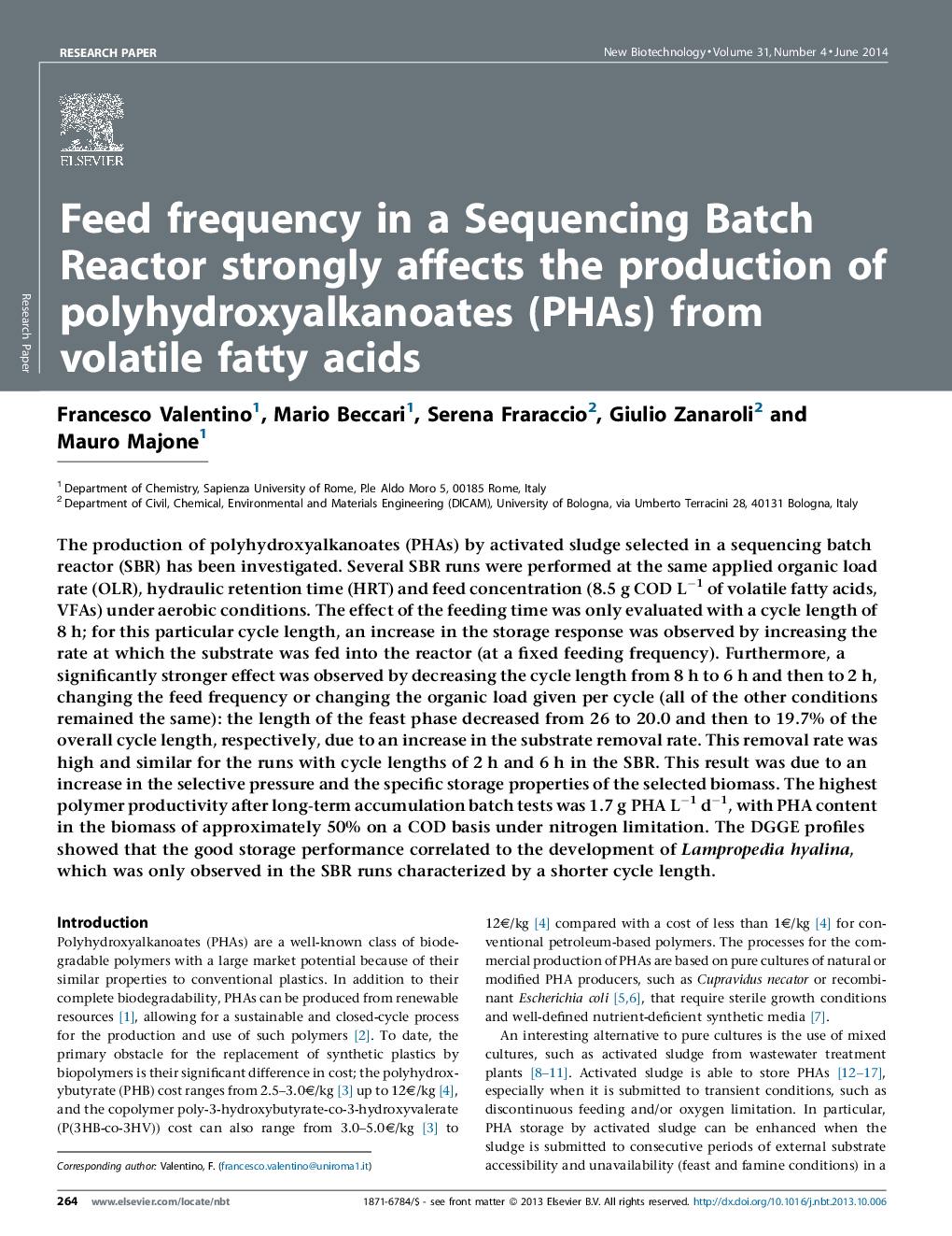 Feed frequency in a Sequencing Batch Reactor strongly affects the production of polyhydroxyalkanoates (PHAs) from volatile fatty acids