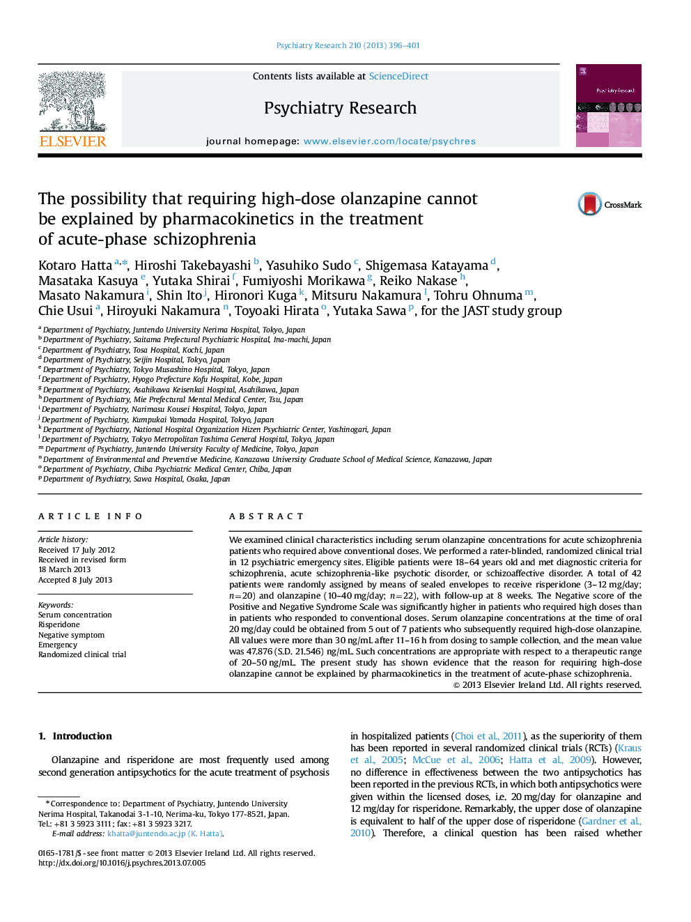 The possibility that requiring high-dose olanzapine cannot be explained by pharmacokinetics in the treatment of acute-phase schizophrenia