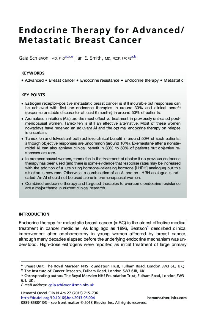 Endocrine Therapy for Advanced/Metastatic Breast Cancer