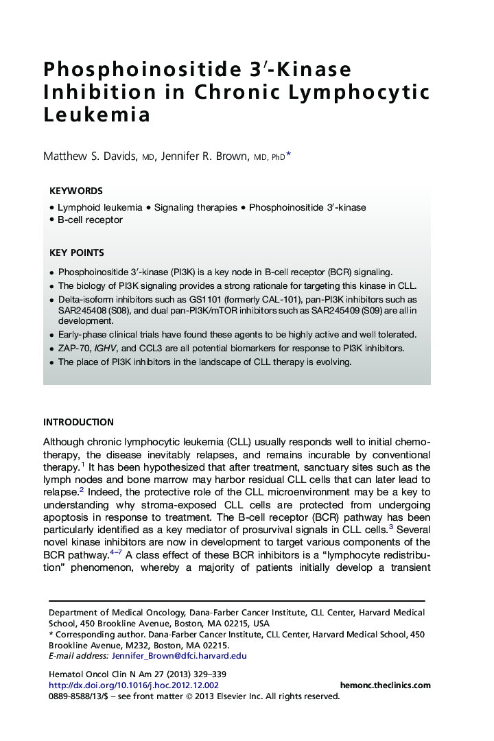 Phosphoinositide 3â²-Kinase Inhibition in Chronic Lymphocytic Leukemia