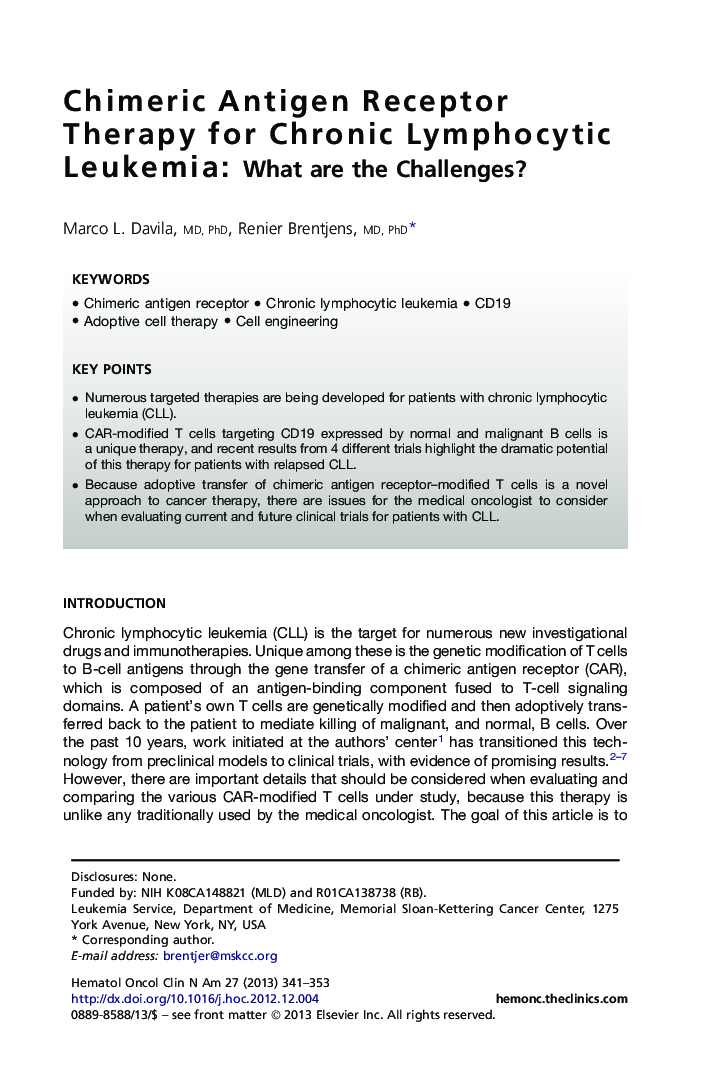 Chimeric Antigen Receptor Therapy for Chronic Lymphocytic Leukemia