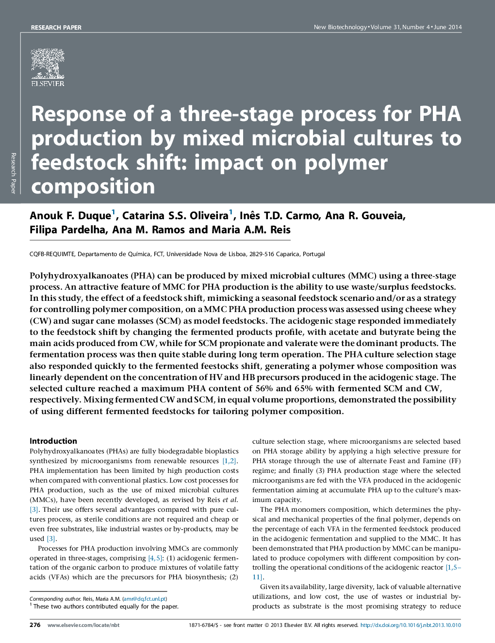 Response of a three-stage process for PHA production by mixed microbial cultures to feedstock shift: impact on polymer composition