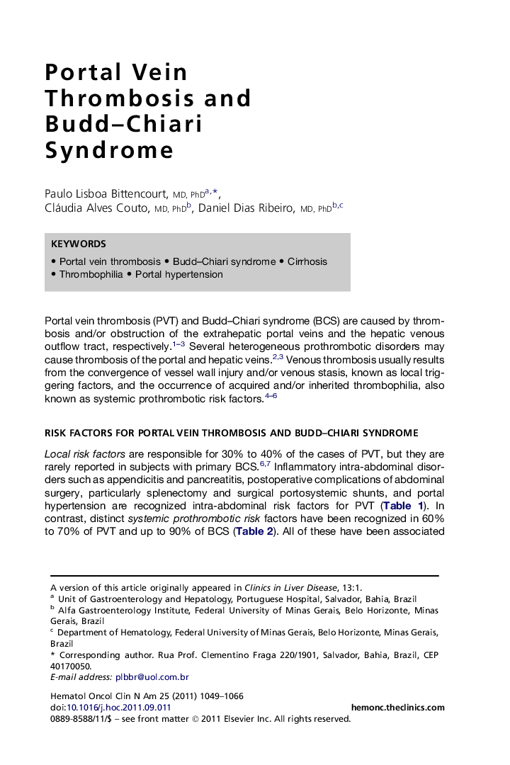 Portal Vein Thrombosis and Budd–Chiari Syndrome 