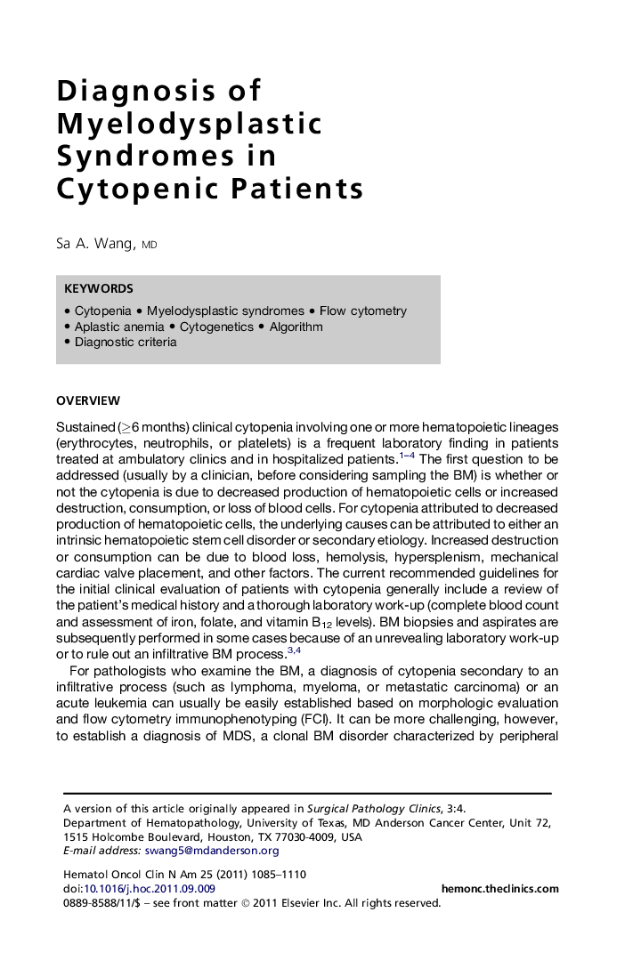 Diagnosis of Myelodysplastic Syndromes in Cytopenic Patients