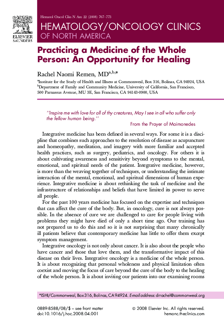 Practicing a Medicine of the Whole Person: An Opportunity for Healing