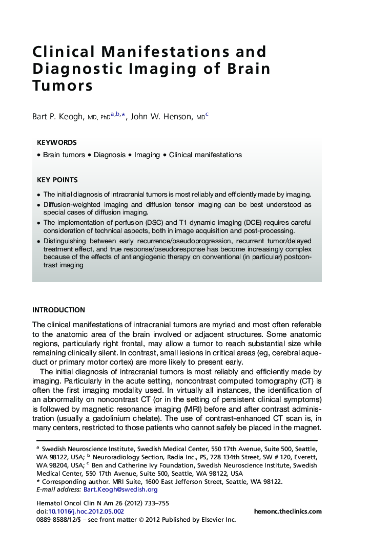 Clinical Manifestations and Diagnostic Imaging of Brain Tumors