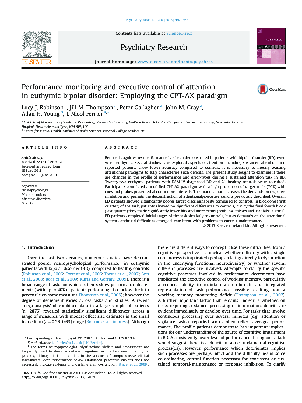 Performance monitoring and executive control of attention in euthymic bipolar disorder: Employing the CPT-AX paradigm