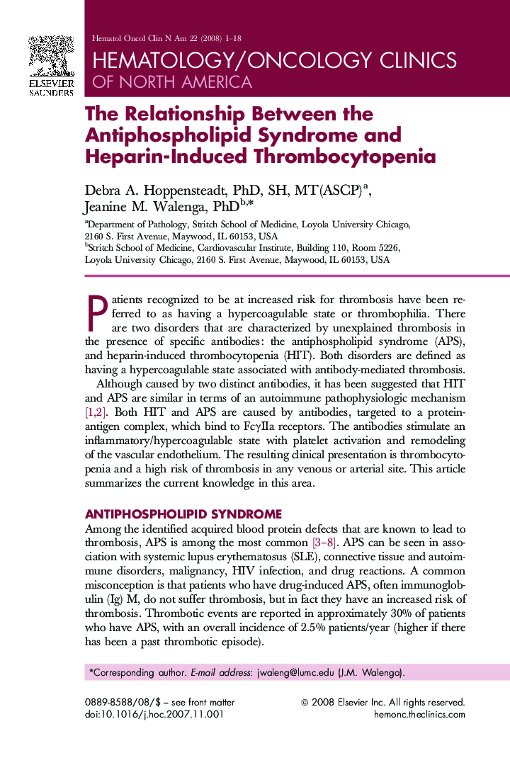 The Relationship Between the Antiphospholipid Syndrome and Heparin-Induced Thrombocytopenia