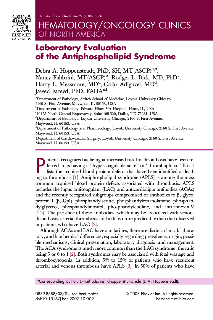 Laboratory Evaluation of the Antiphospholipid Syndrome