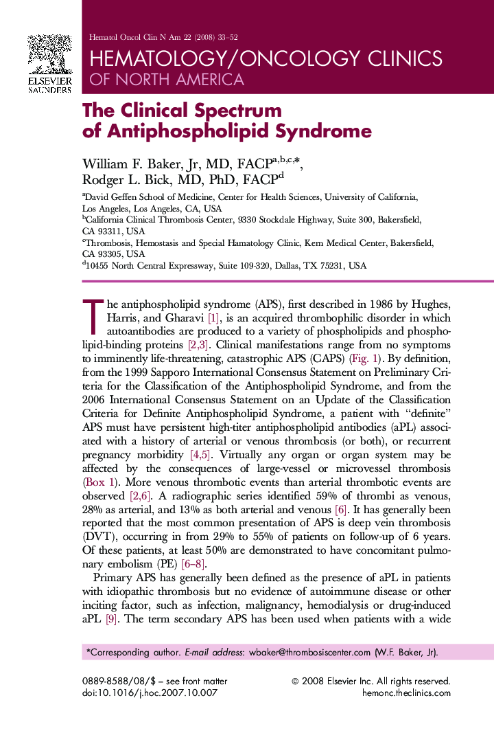 The Clinical Spectrum of Antiphospholipid Syndrome