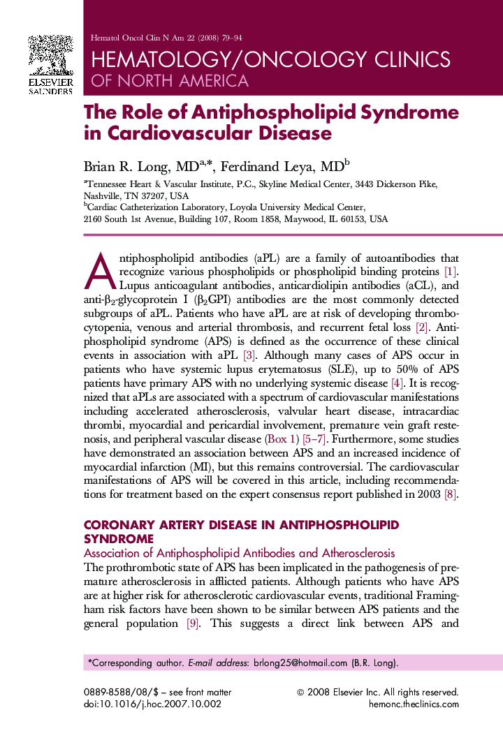 The Role of Antiphospholipid Syndrome in Cardiovascular Disease